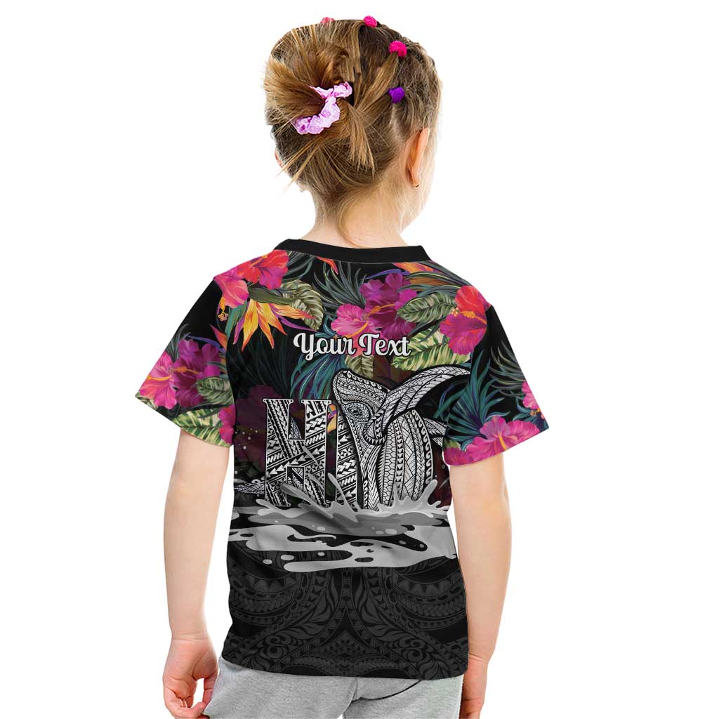 Personalised Hawaii Kid T Shirt Humpback Whale Tattoo With Tropical Flowers Black