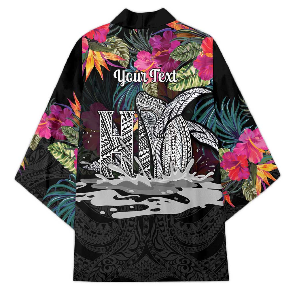 Personalised Hawaii Kimono Humpback Whale Tattoo With Tropical Flowers Black LT14 - Polynesian Pride