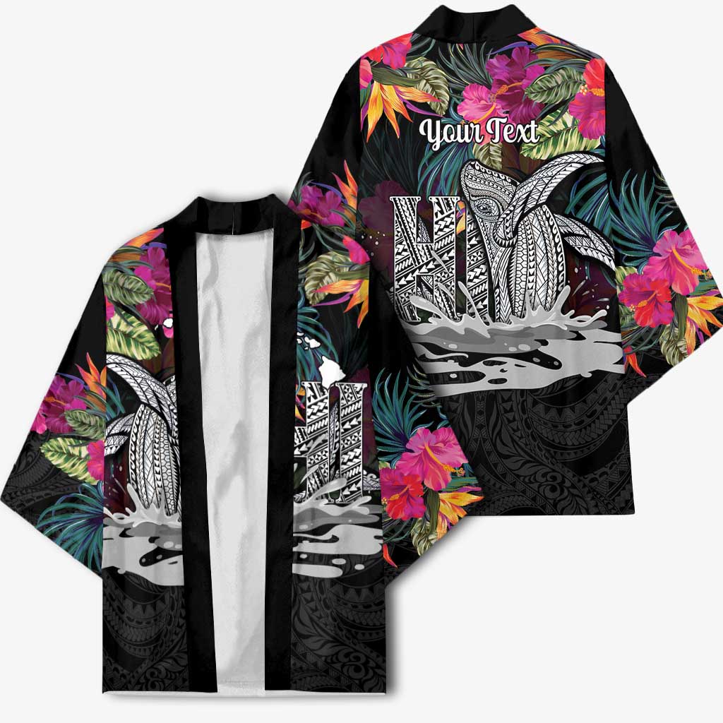 Personalised Hawaii Kimono Humpback Whale Tattoo With Tropical Flowers Black LT14 - Polynesian Pride