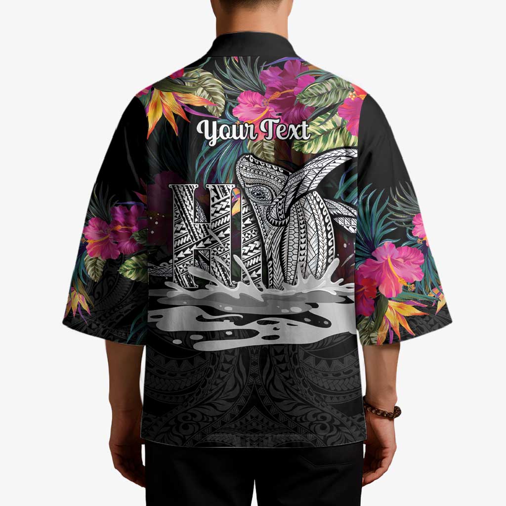 Personalised Hawaii Kimono Humpback Whale Tattoo With Tropical Flowers Black LT14 - Polynesian Pride