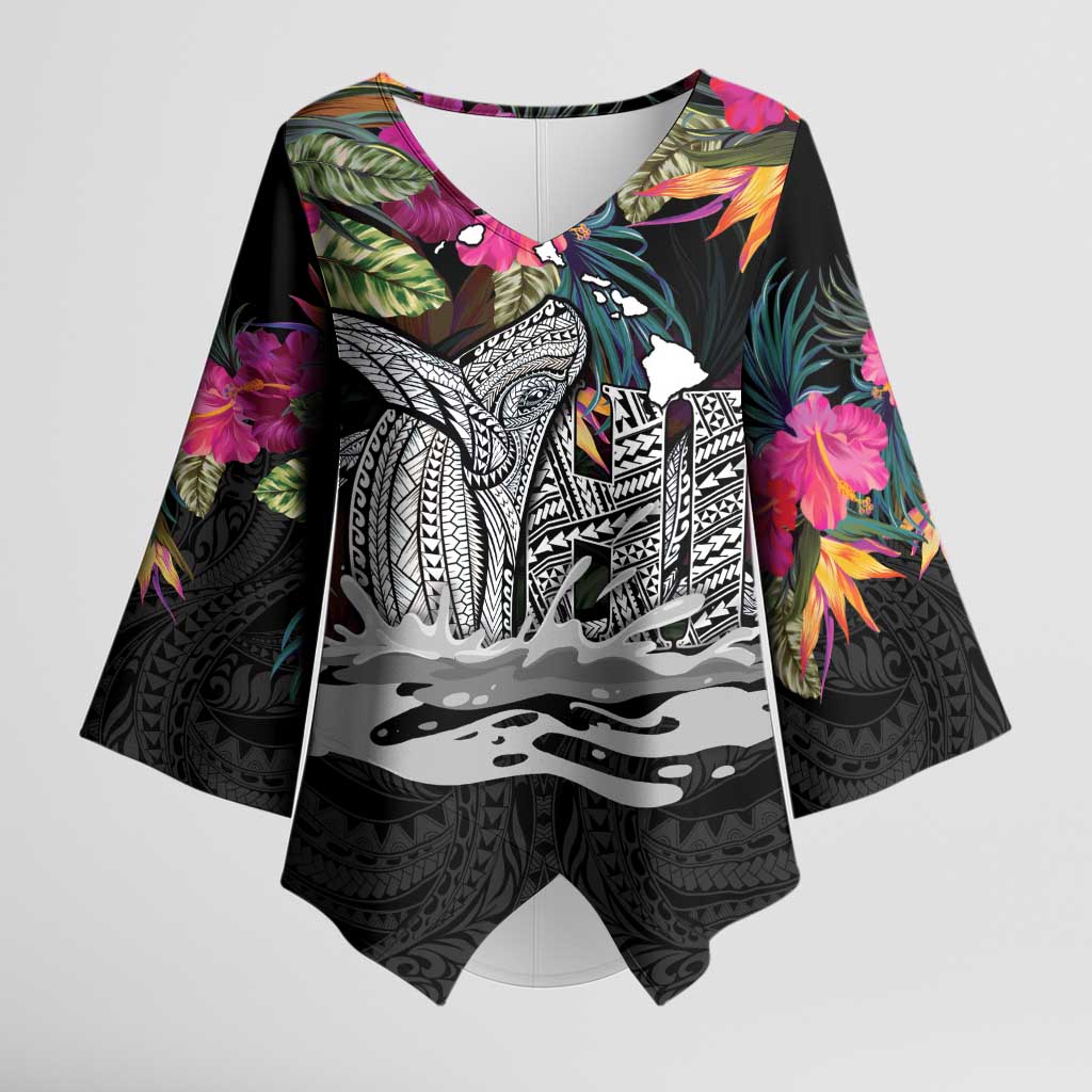 Personalised Hawaii Kimono Sleeve Blouse Humpback Whale Tattoo With Tropical Flowers Black LT14 Female Black - Polynesian Pride