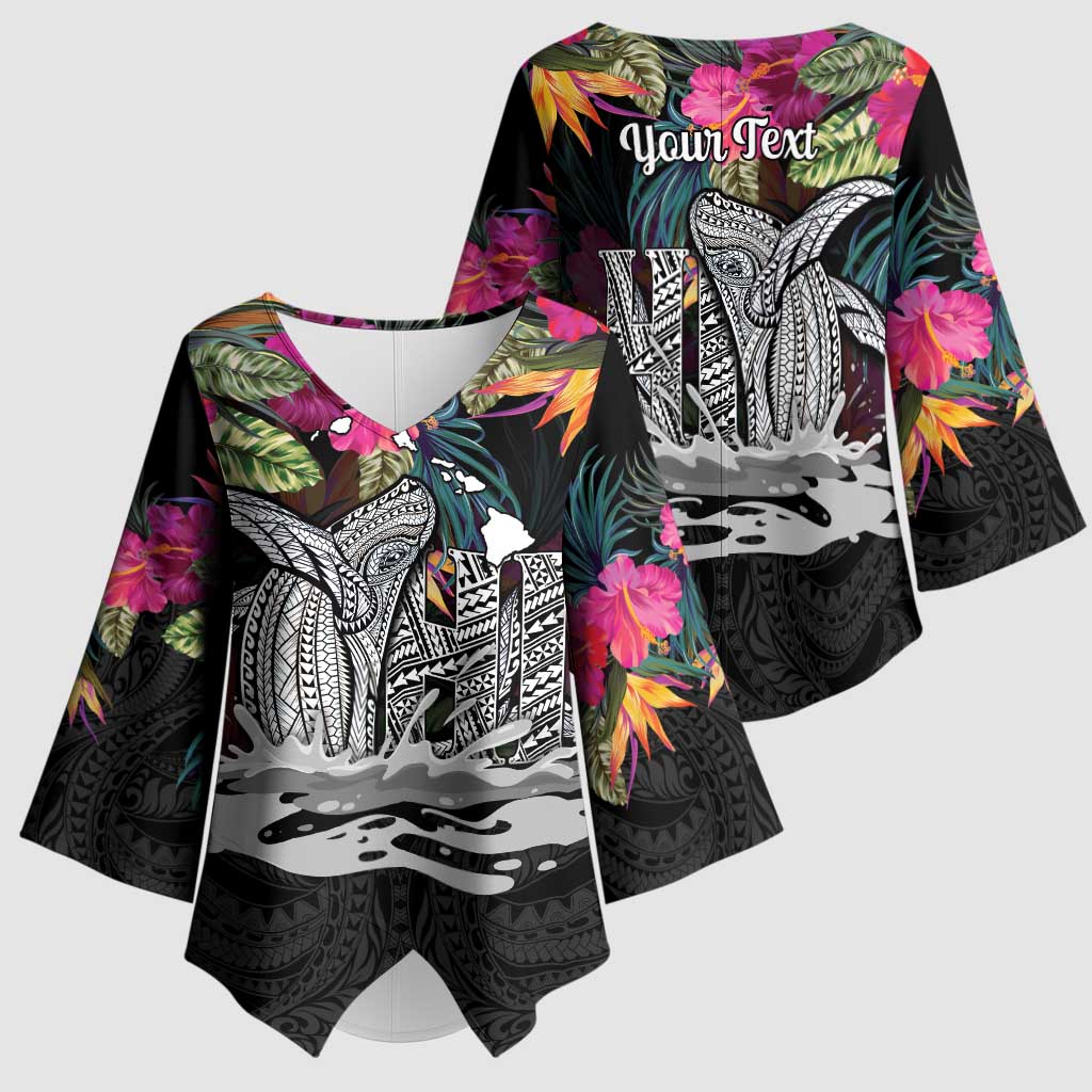 Personalised Hawaii Kimono Sleeve Blouse Humpback Whale Tattoo With Tropical Flowers Black LT14 - Polynesian Pride