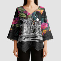 Personalised Hawaii Kimono Sleeve Blouse Humpback Whale Tattoo With Tropical Flowers Black LT14 - Polynesian Pride