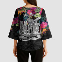Personalised Hawaii Kimono Sleeve Blouse Humpback Whale Tattoo With Tropical Flowers Black LT14 - Polynesian Pride