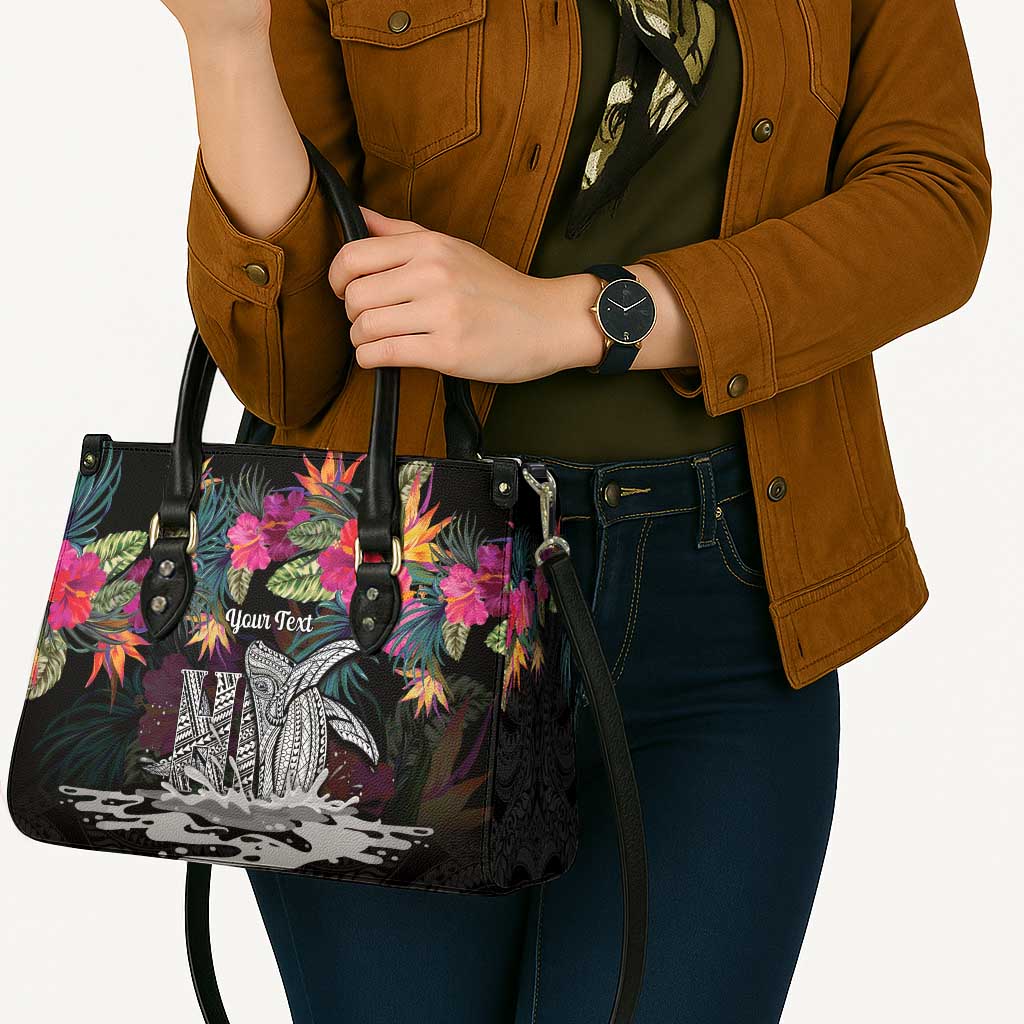 Personalised Hawaii Leather Bag Humpback Whale Tattoo With Tropical Flowers Black LT14 - Polynesian Pride
