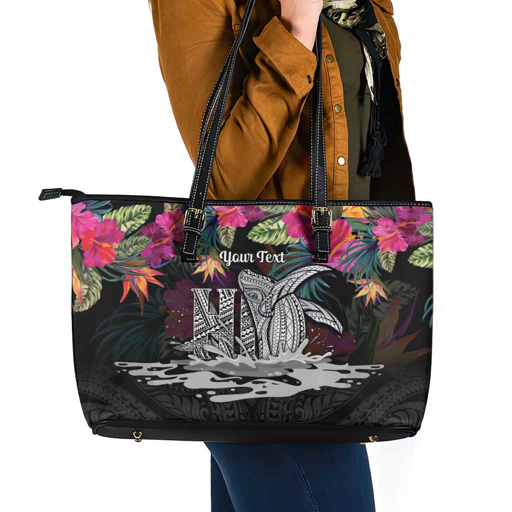 Personalised Hawaii Leather Tote Bag Humpback Whale Tattoo With Tropical Flowers Black LT14 - Polynesian Pride