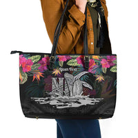 Personalised Hawaii Leather Tote Bag Humpback Whale Tattoo With Tropical Flowers Black LT14 - Polynesian Pride