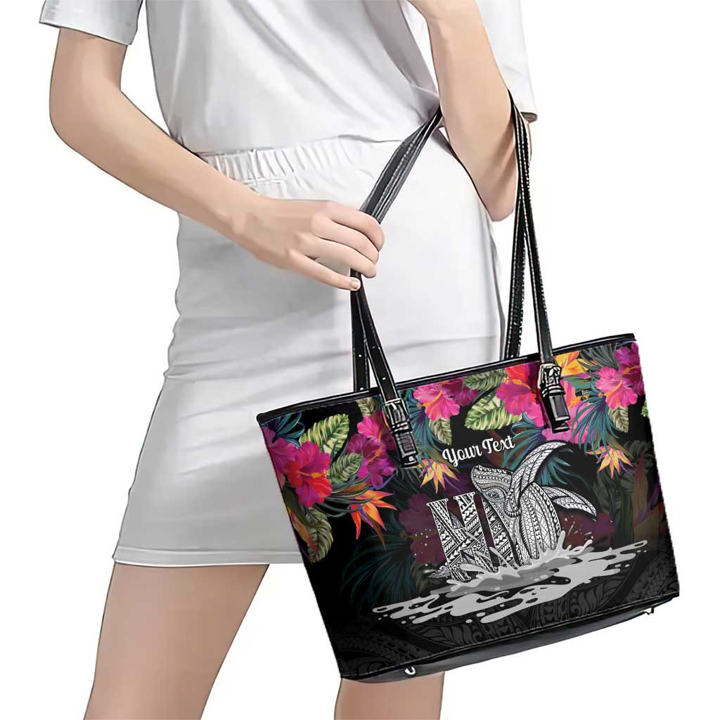 Personalised Hawaii Leather Tote Bag Humpback Whale Tattoo With Tropical Flowers Black LT14 - Polynesian Pride