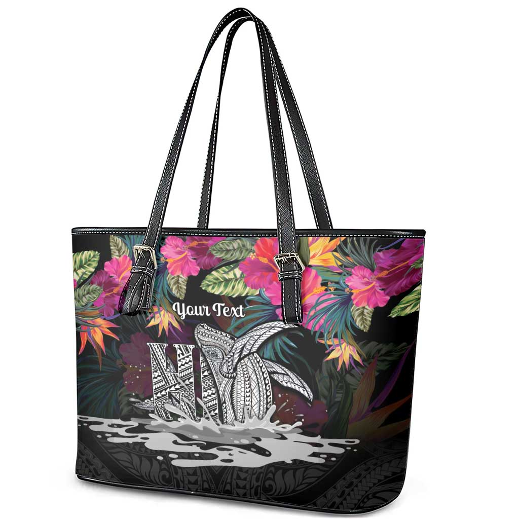 Personalised Hawaii Leather Tote Bag Humpback Whale Tattoo With Tropical Flowers Black LT14 - Polynesian Pride