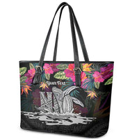 Personalised Hawaii Leather Tote Bag Humpback Whale Tattoo With Tropical Flowers Black LT14 - Polynesian Pride