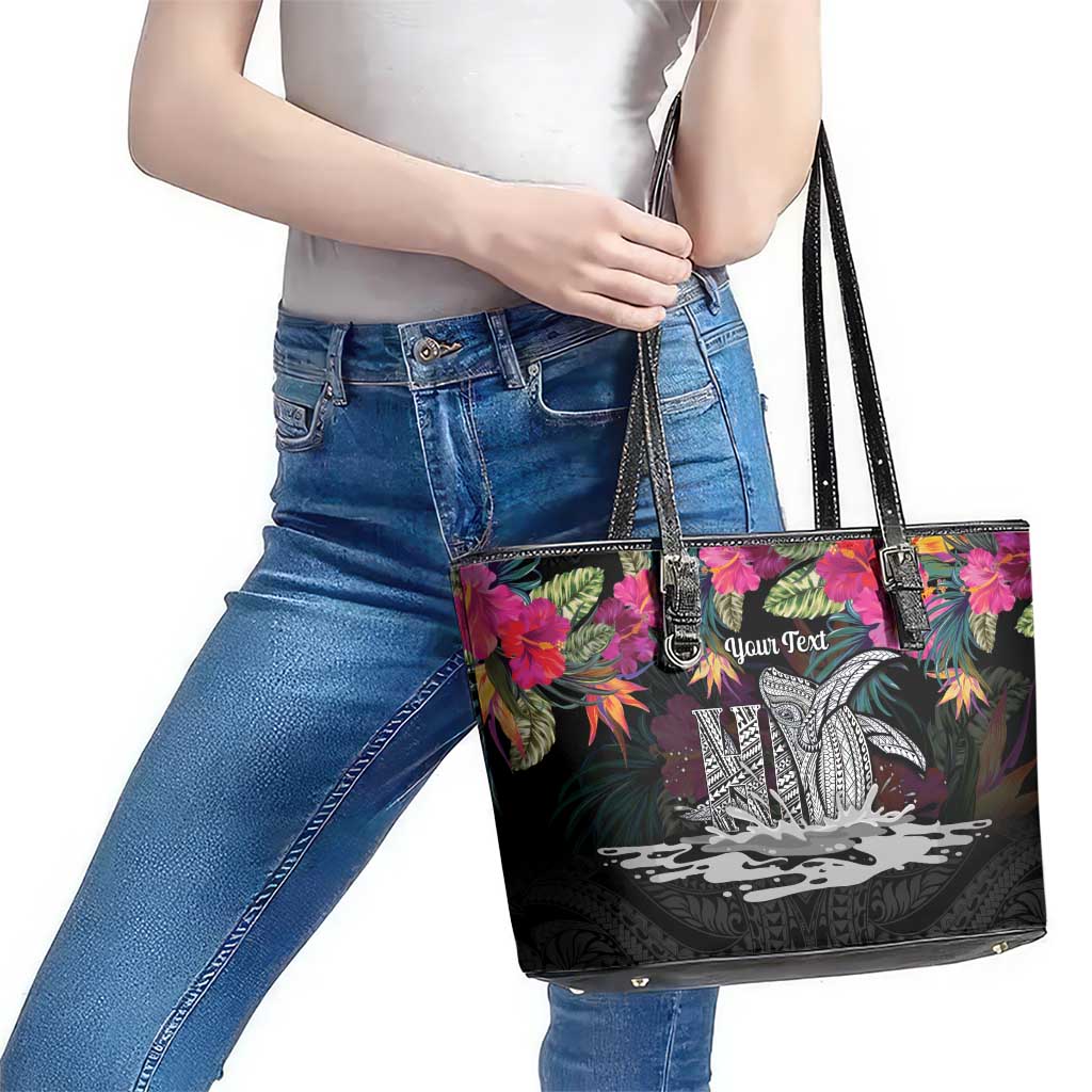 Personalised Hawaii Leather Tote Bag Humpback Whale Tattoo With Tropical Flowers Black LT14 - Polynesian Pride