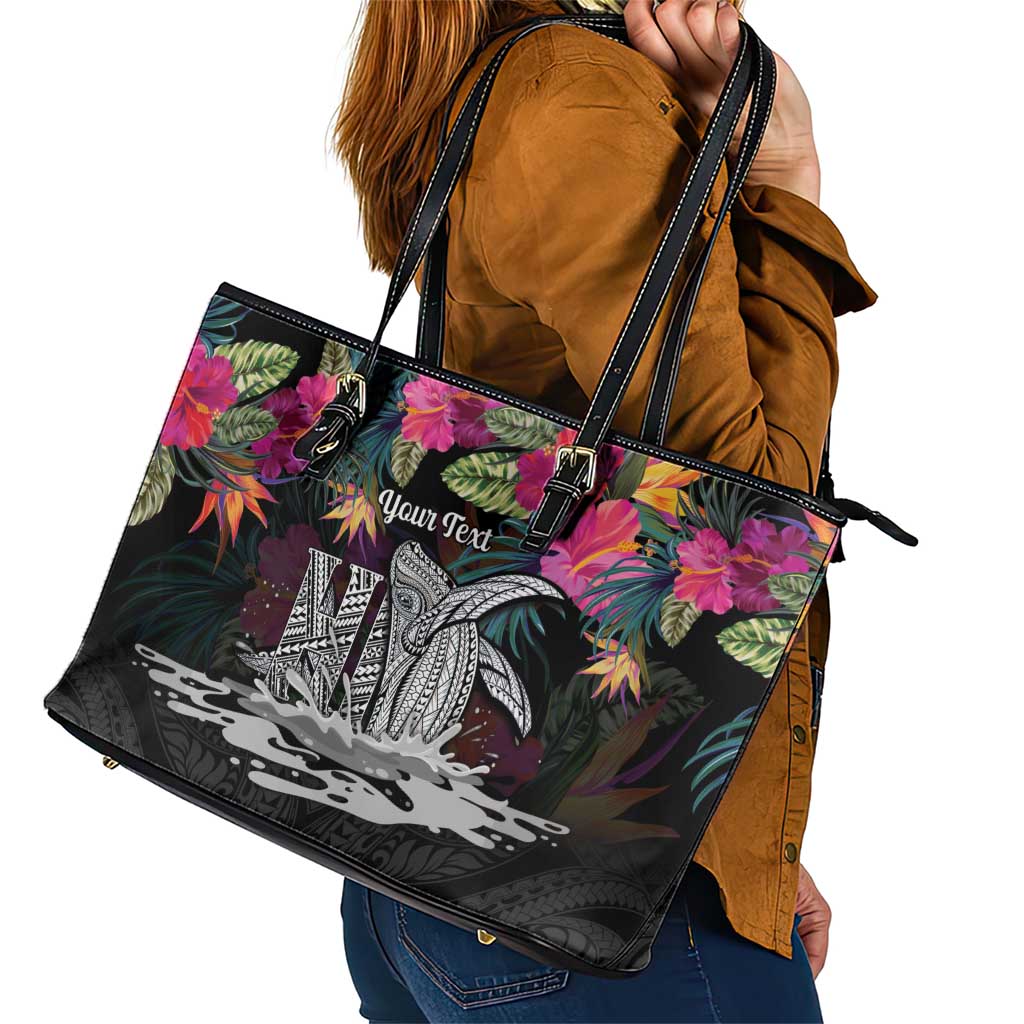 Personalised Hawaii Leather Tote Bag Humpback Whale Tattoo With Tropical Flowers Black LT14 - Polynesian Pride