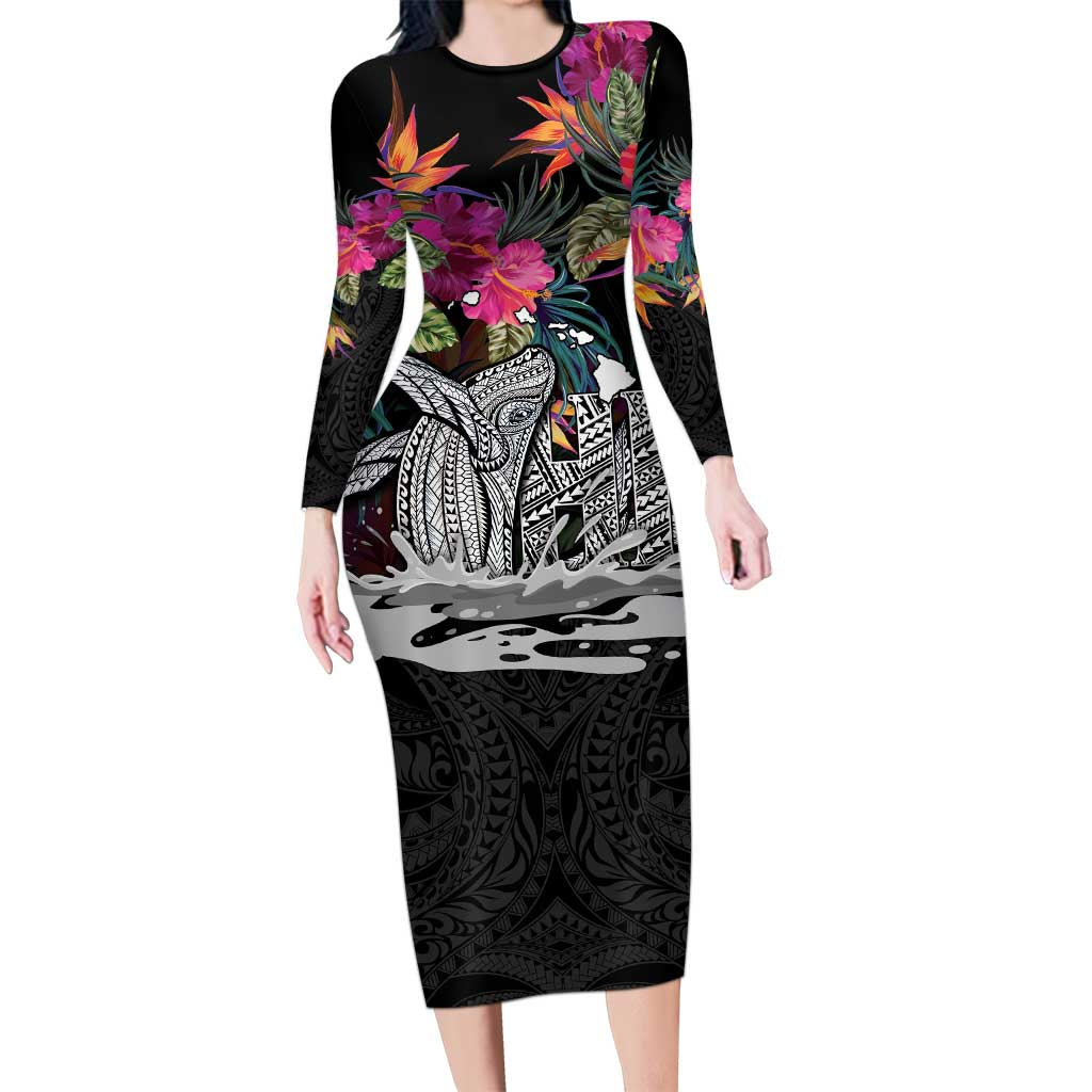 Personalised Hawaii Long Sleeve Bodycon Dress Humpback Whale Tattoo With Tropical Flowers Black LT14 Long Dress Black - Polynesian Pride