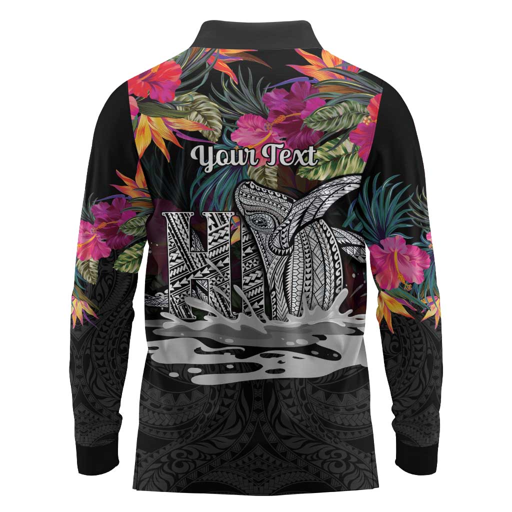 Personalised Hawaii Long Sleeve Polo Shirt Humpback Whale Tattoo With Tropical Flowers Black LT14 - Polynesian Pride