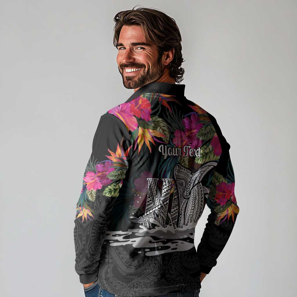 Personalised Hawaii Long Sleeve Polo Shirt Humpback Whale Tattoo With Tropical Flowers Black LT14 - Polynesian Pride