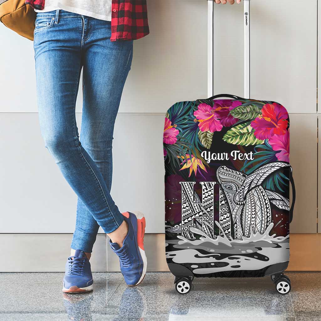 Personalised Hawaii Luggage Cover Humpback Whale Tattoo With Tropical Flowers Black LT14 - Polynesian Pride