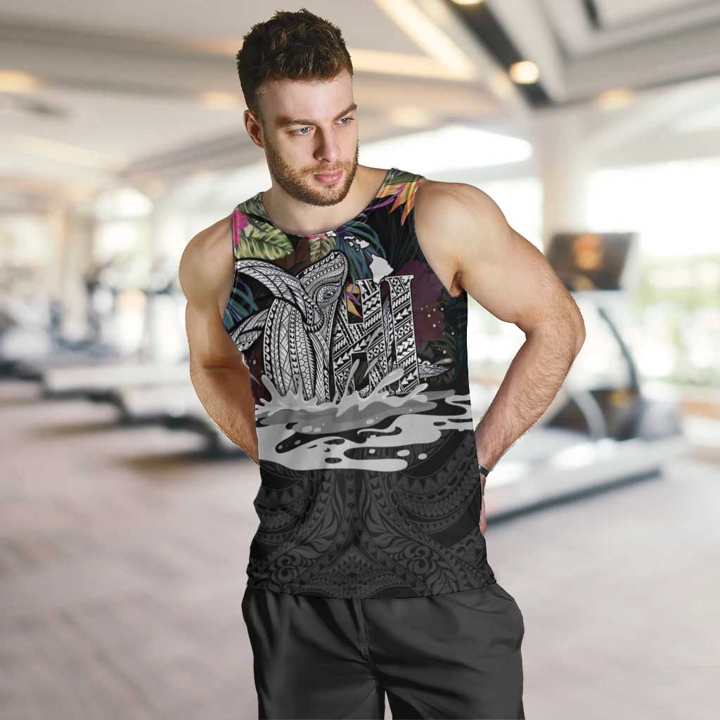 Personalised Hawaii Men Tank Top Humpback Whale Tattoo With Tropical Flowers Black LT14 Black - Polynesian Pride