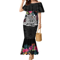Personalised Hawaii Mermaid Dress Humpback Whale Tattoo With Tropical Flowers Black LT14 Women Black - Polynesian Pride