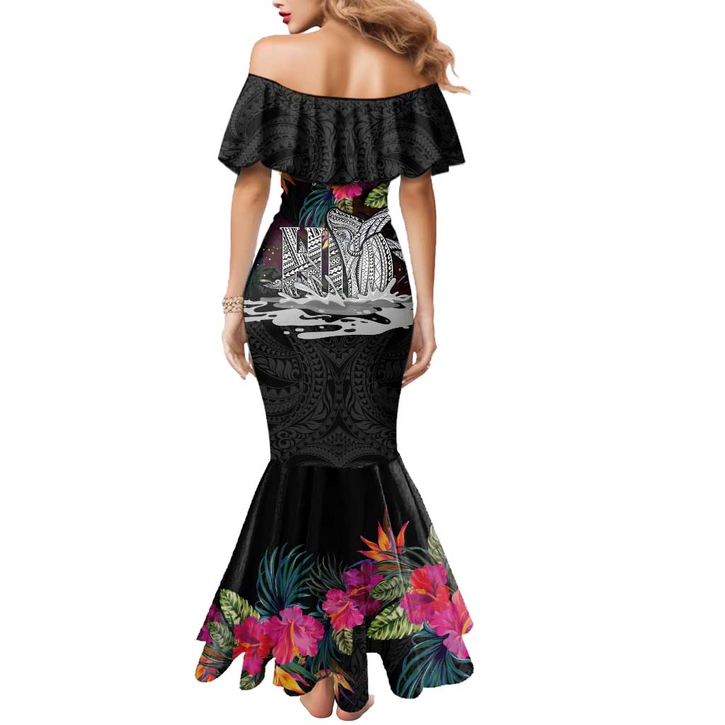 Personalised Hawaii Mermaid Dress Humpback Whale Tattoo With Tropical Flowers Black LT14 - Polynesian Pride