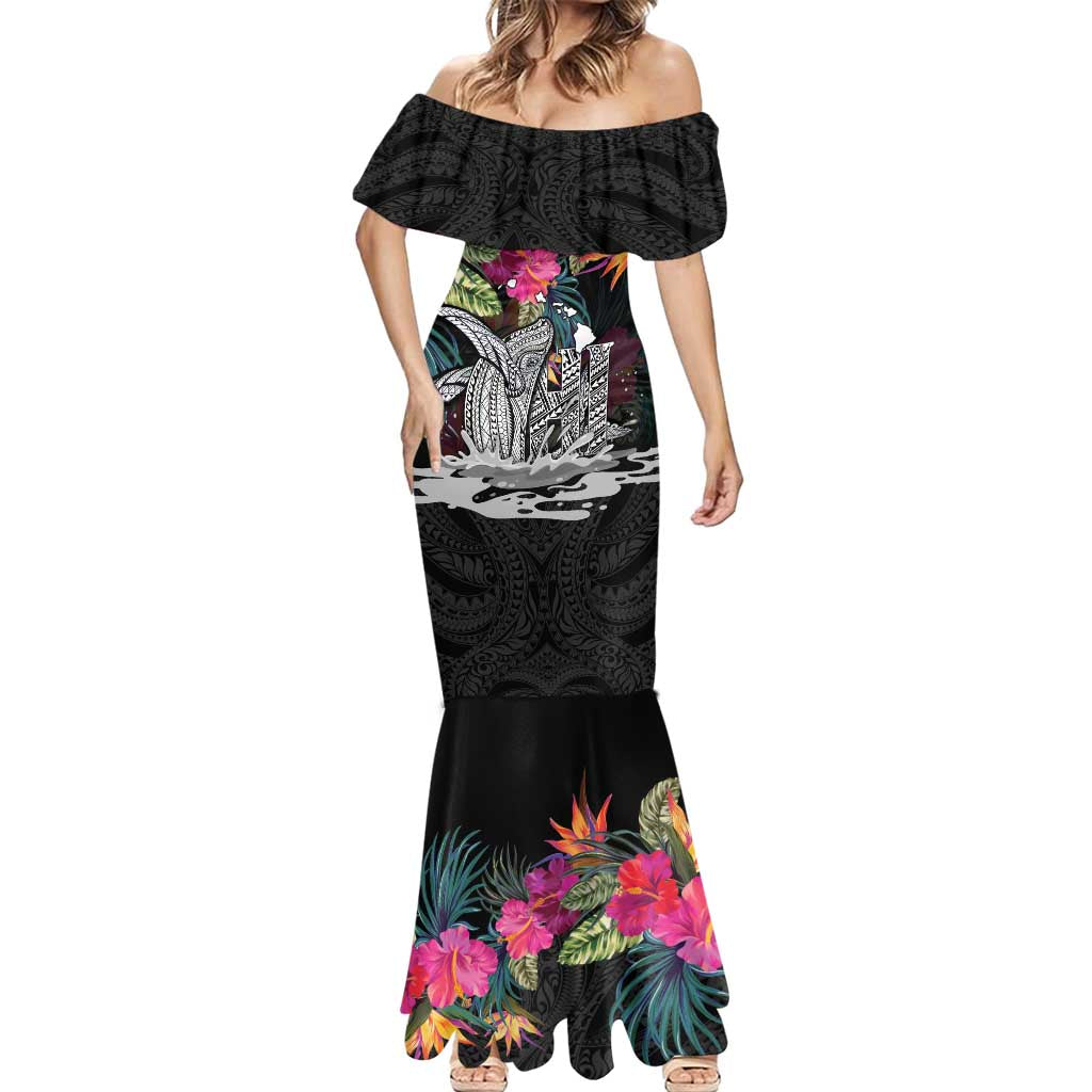 Personalised Hawaii Mermaid Dress Humpback Whale Tattoo With Tropical Flowers Black LT14 - Polynesian Pride