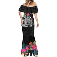 Personalised Hawaii Mermaid Dress Humpback Whale Tattoo With Tropical Flowers Black LT14 - Polynesian Pride