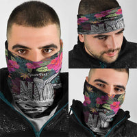 Personalised Hawaii Neck Gaiter Humpback Whale Tattoo With Tropical Flowers Black LT14 - Polynesian Pride