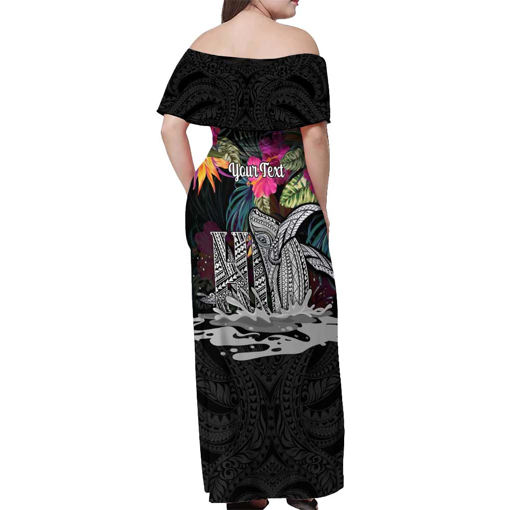 Personalised Hawaii Off Shoulder Maxi Dress Humpback Whale Tattoo With Tropical Flowers Black LT14 - Polynesian Pride