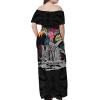Personalised Hawaii Off Shoulder Maxi Dress Humpback Whale Tattoo With Tropical Flowers Black LT14 - Polynesian Pride