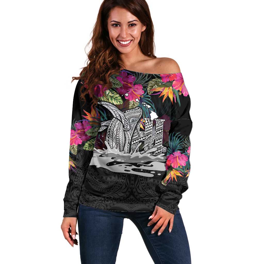 Personalised Hawaii Off Shoulder Sweater Humpback Whale Tattoo With Tropical Flowers Black LT14 Women Black - Polynesian Pride