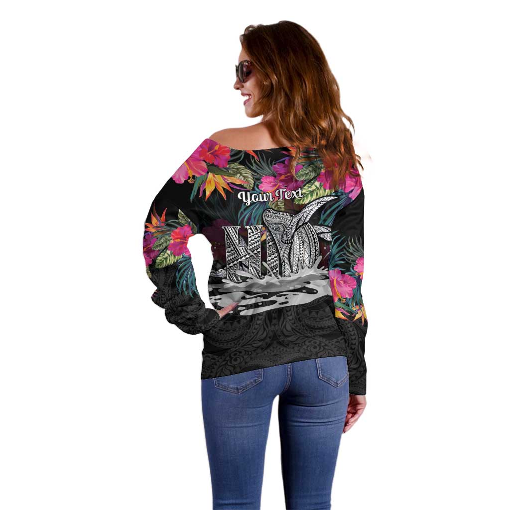Personalised Hawaii Off Shoulder Sweater Humpback Whale Tattoo With Tropical Flowers Black LT14 - Polynesian Pride