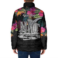 Personalised Hawaii Padded Jacket Humpback Whale Tattoo With Tropical Flowers Black LT14 - Polynesian Pride