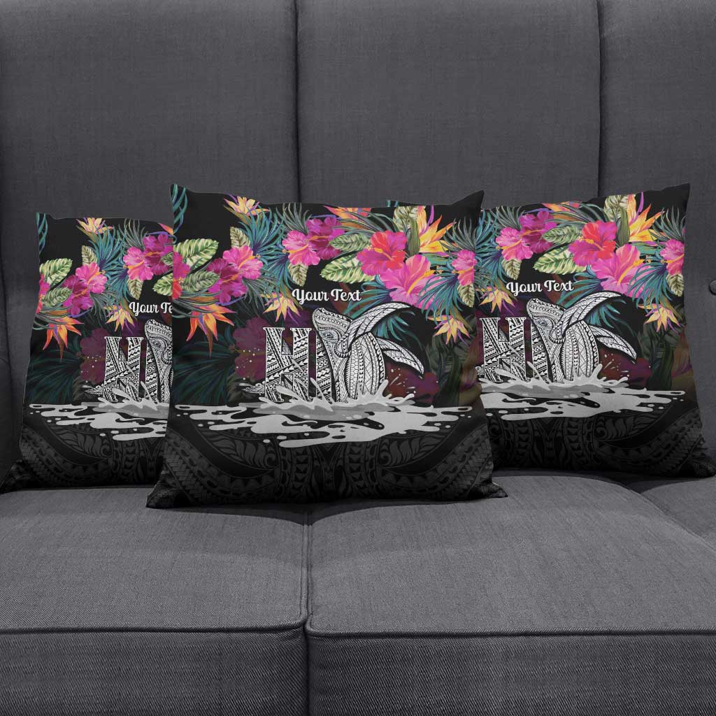 Personalised Hawaii Pillow Cover Humpback Whale Tattoo With Tropical Flowers Black LT14 - Polynesian Pride