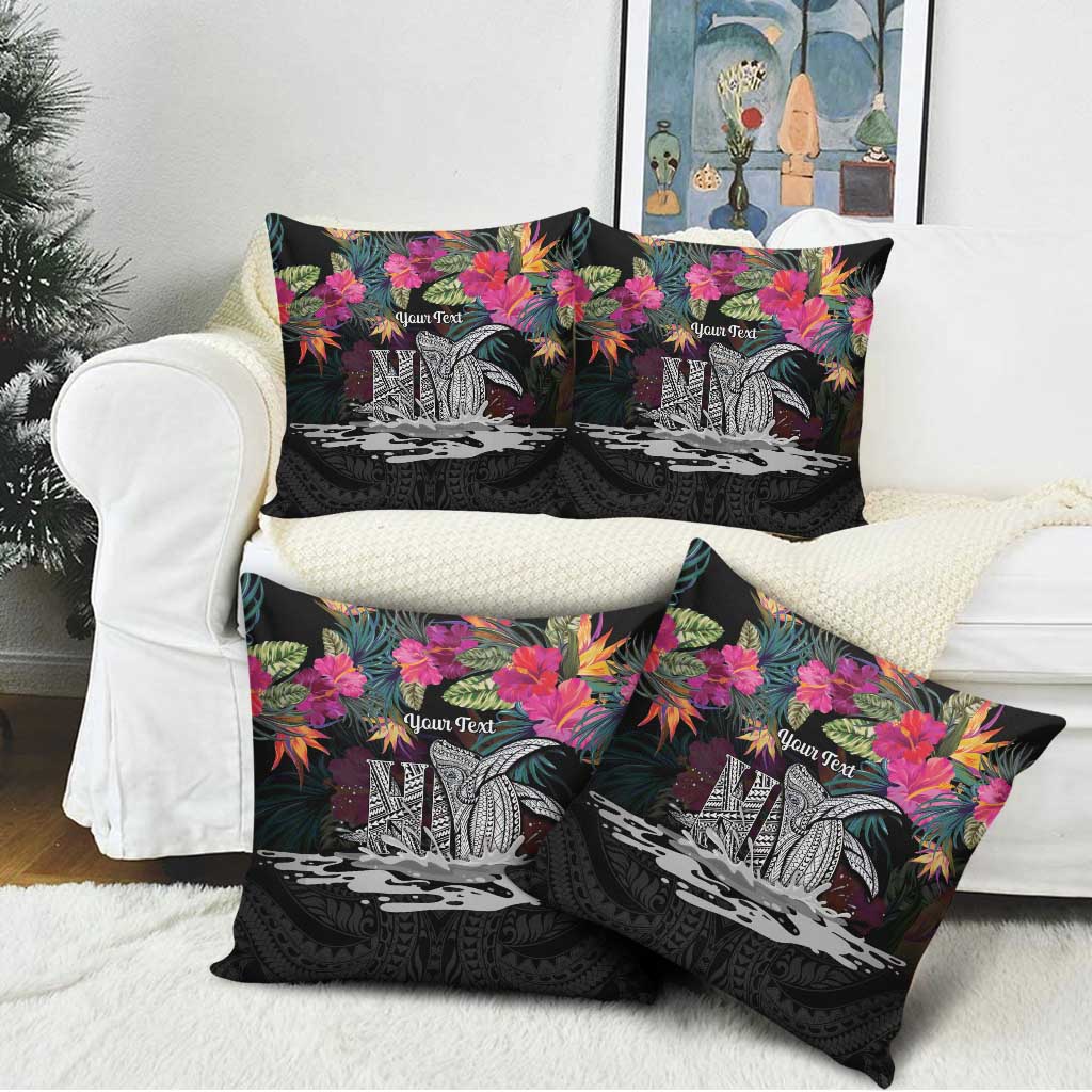 Personalised Hawaii Pillow Cover Humpback Whale Tattoo With Tropical Flowers Black LT14 - Polynesian Pride