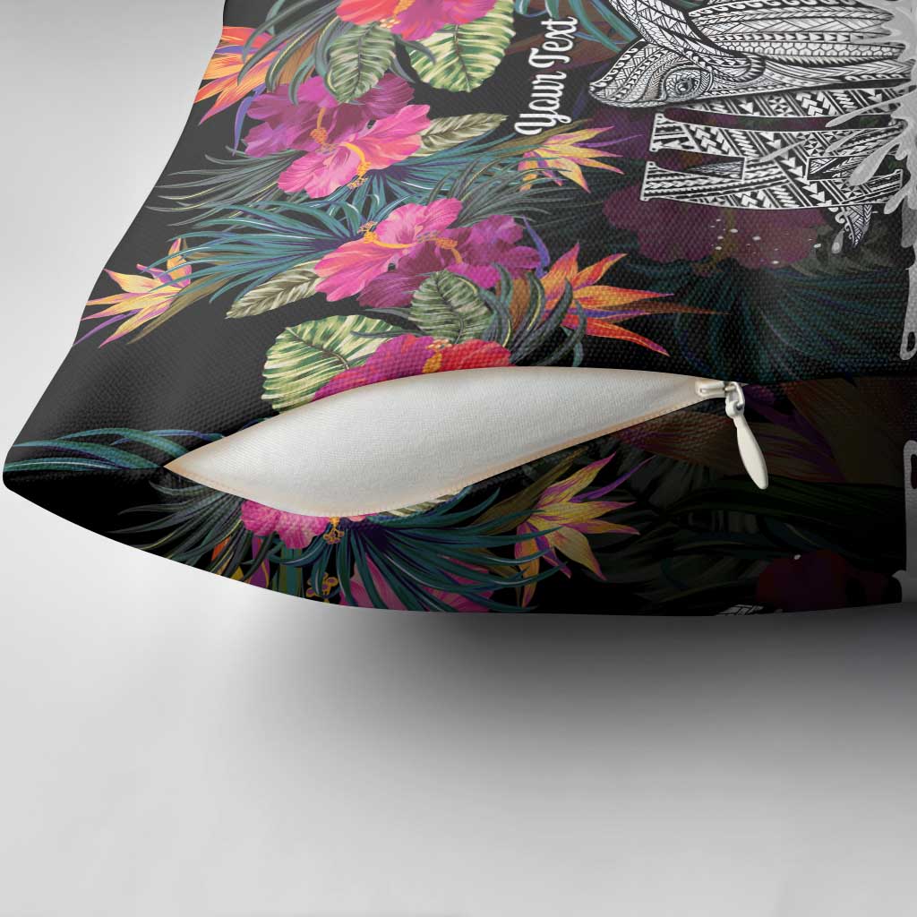 Personalised Hawaii Pillow Cover Humpback Whale Tattoo With Tropical Flowers Black LT14 - Polynesian Pride