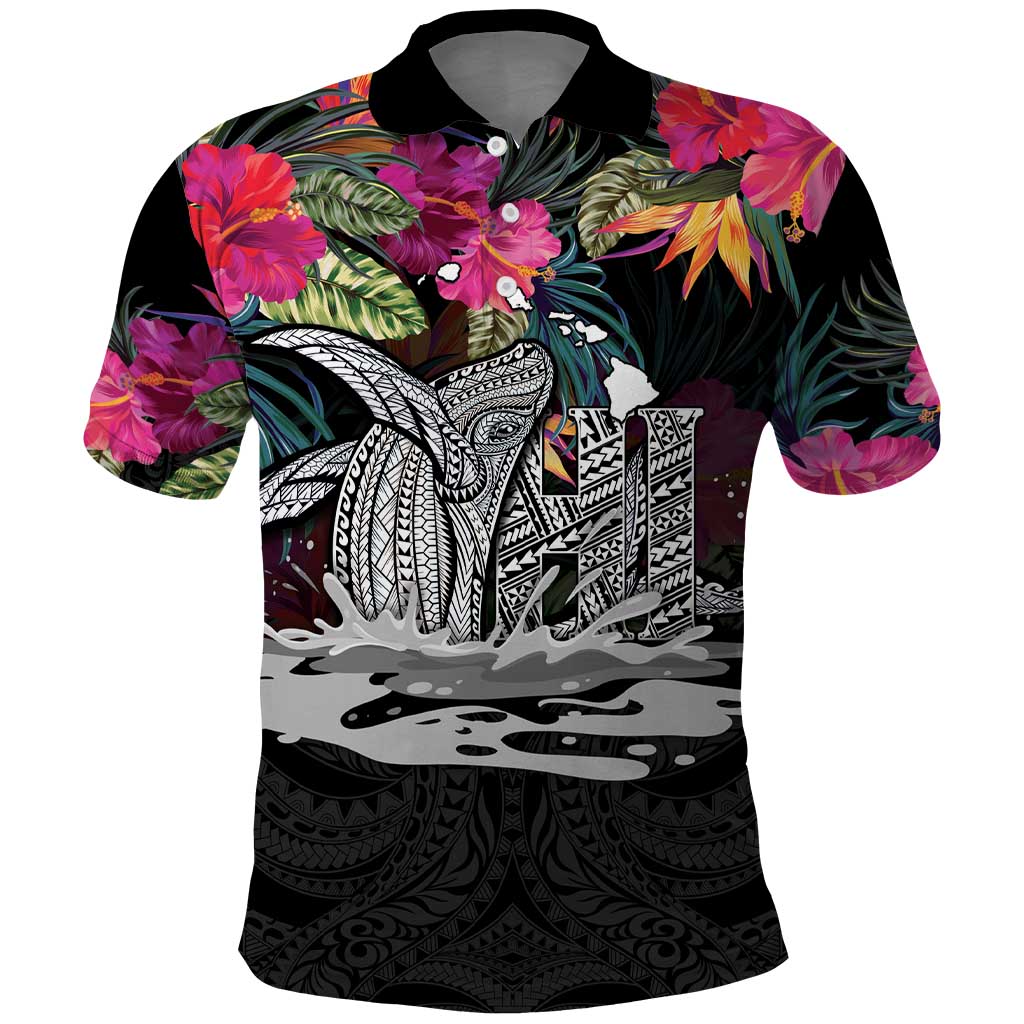 Personalised Hawaii Polo Shirt Humpback Whale Tattoo With Tropical Flowers Black LT14 Black - Polynesian Pride