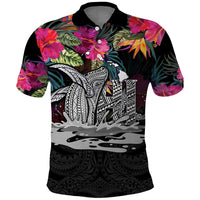 Personalised Hawaii Polo Shirt Humpback Whale Tattoo With Tropical Flowers Black LT14 Black - Polynesian Pride