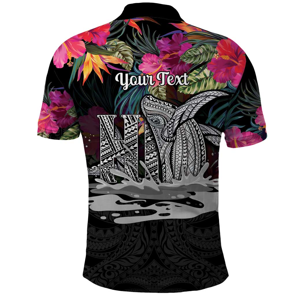 Personalised Hawaii Polo Shirt Humpback Whale Tattoo With Tropical Flowers Black LT14 - Polynesian Pride