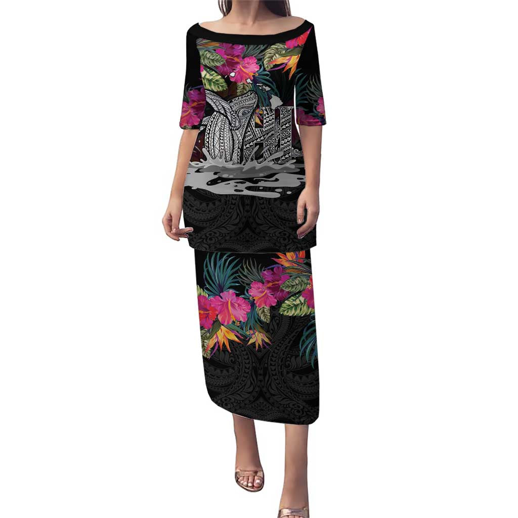 Personalised Hawaii Puletasi Humpback Whale Tattoo With Tropical Flowers Black LT14 Long Dress Black - Polynesian Pride