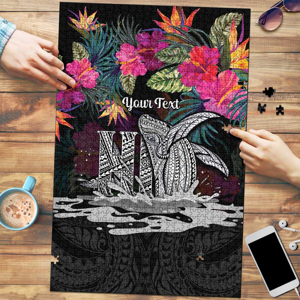 Personalised Hawaii Puzzle Humpback Whale Tattoo With Tropical Flowers Black LT14 Black - Polynesian Pride