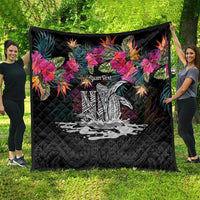 Personalised Hawaii Quilt Humpback Whale Tattoo With Tropical Flowers Black LT14 - Polynesian Pride