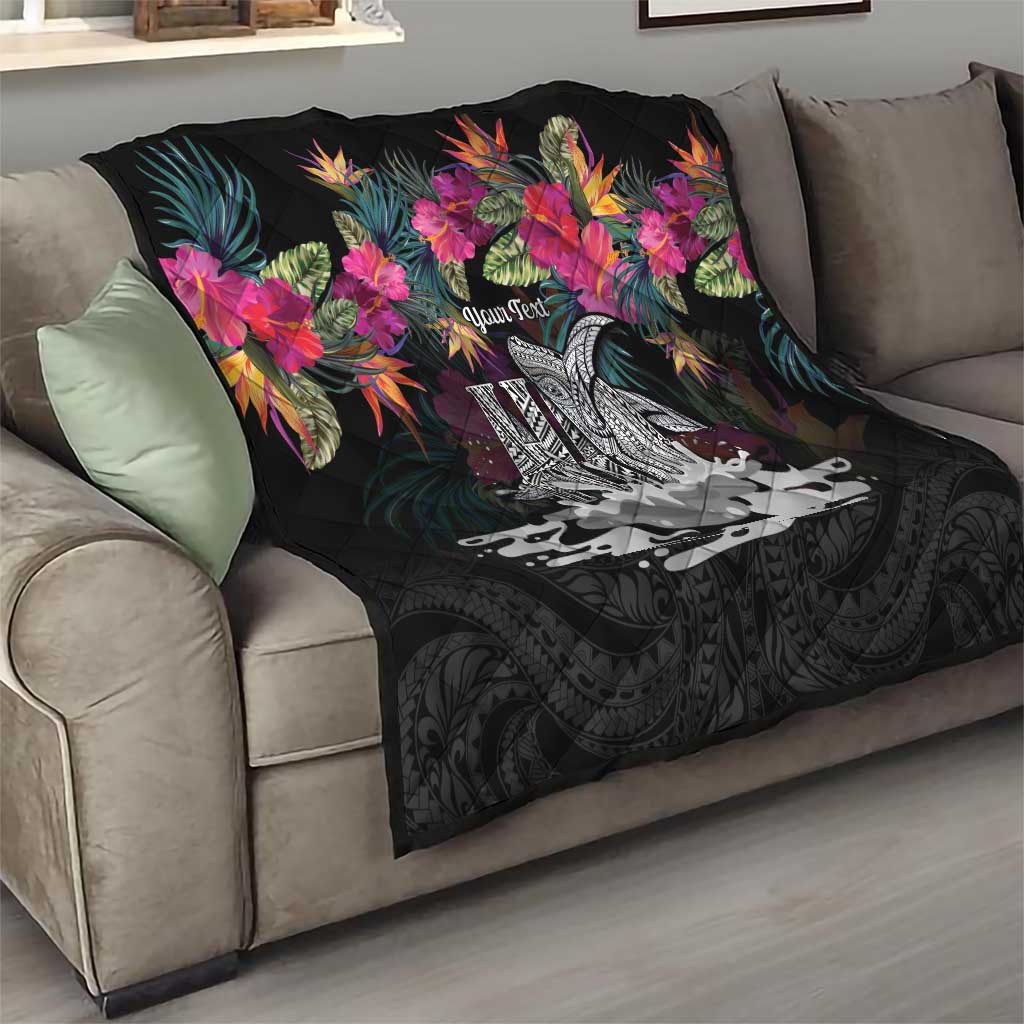 Personalised Hawaii Quilt Humpback Whale Tattoo With Tropical Flowers Black LT14 - Polynesian Pride