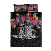 Personalised Hawaii Quilt Bed Set Humpback Whale Tattoo With Tropical Flowers Black LT14 - Polynesian Pride