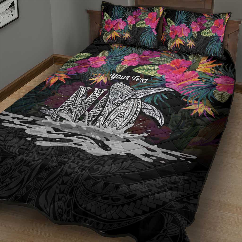 Personalised Hawaii Quilt Bed Set Humpback Whale Tattoo With Tropical Flowers Black LT14 - Polynesian Pride