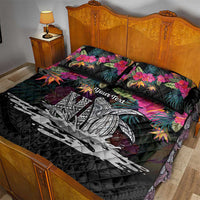 Personalised Hawaii Quilt Bed Set Humpback Whale Tattoo With Tropical Flowers Black LT14 - Polynesian Pride