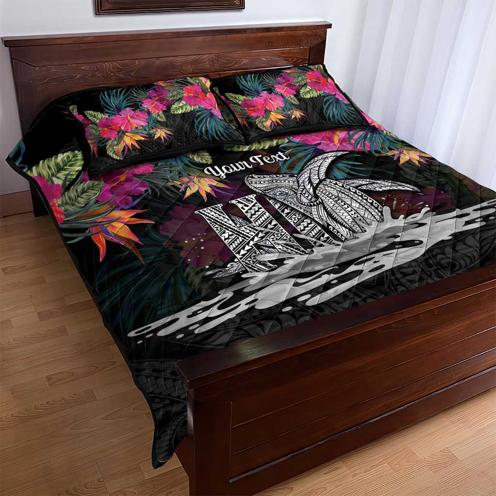 Personalised Hawaii Quilt Bed Set Humpback Whale Tattoo With Tropical Flowers Black LT14 - Polynesian Pride