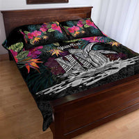 Personalised Hawaii Quilt Bed Set Humpback Whale Tattoo With Tropical Flowers Black LT14 - Polynesian Pride