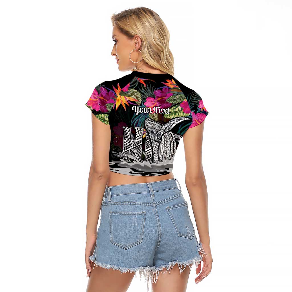 Personalised Hawaii Raglan Cropped T Shirt Humpback Whale Tattoo With Tropical Flowers Black LT14 - Polynesian Pride