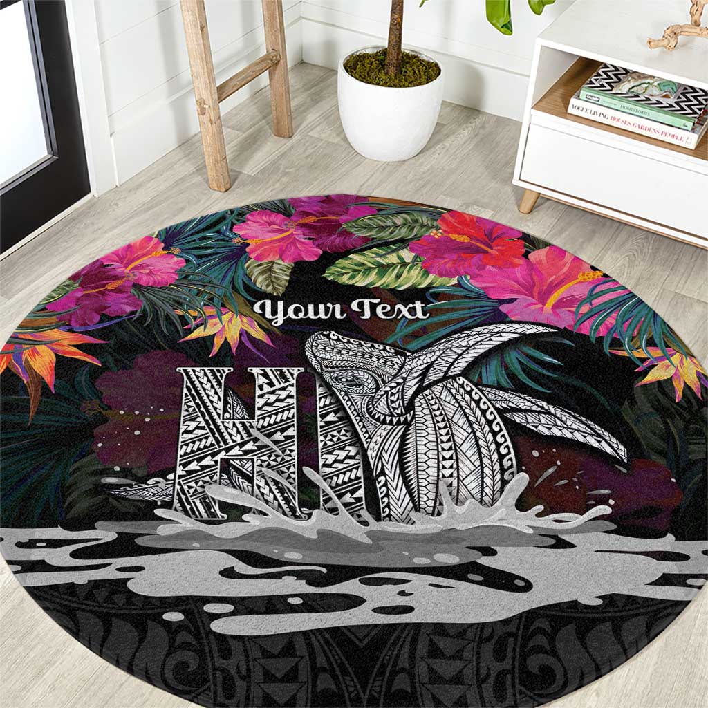 Personalised Hawaii Round Carpet Humpback Whale Tattoo With Tropical Flowers Black