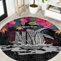 Personalised Hawaii Round Carpet Humpback Whale Tattoo With Tropical Flowers Black
