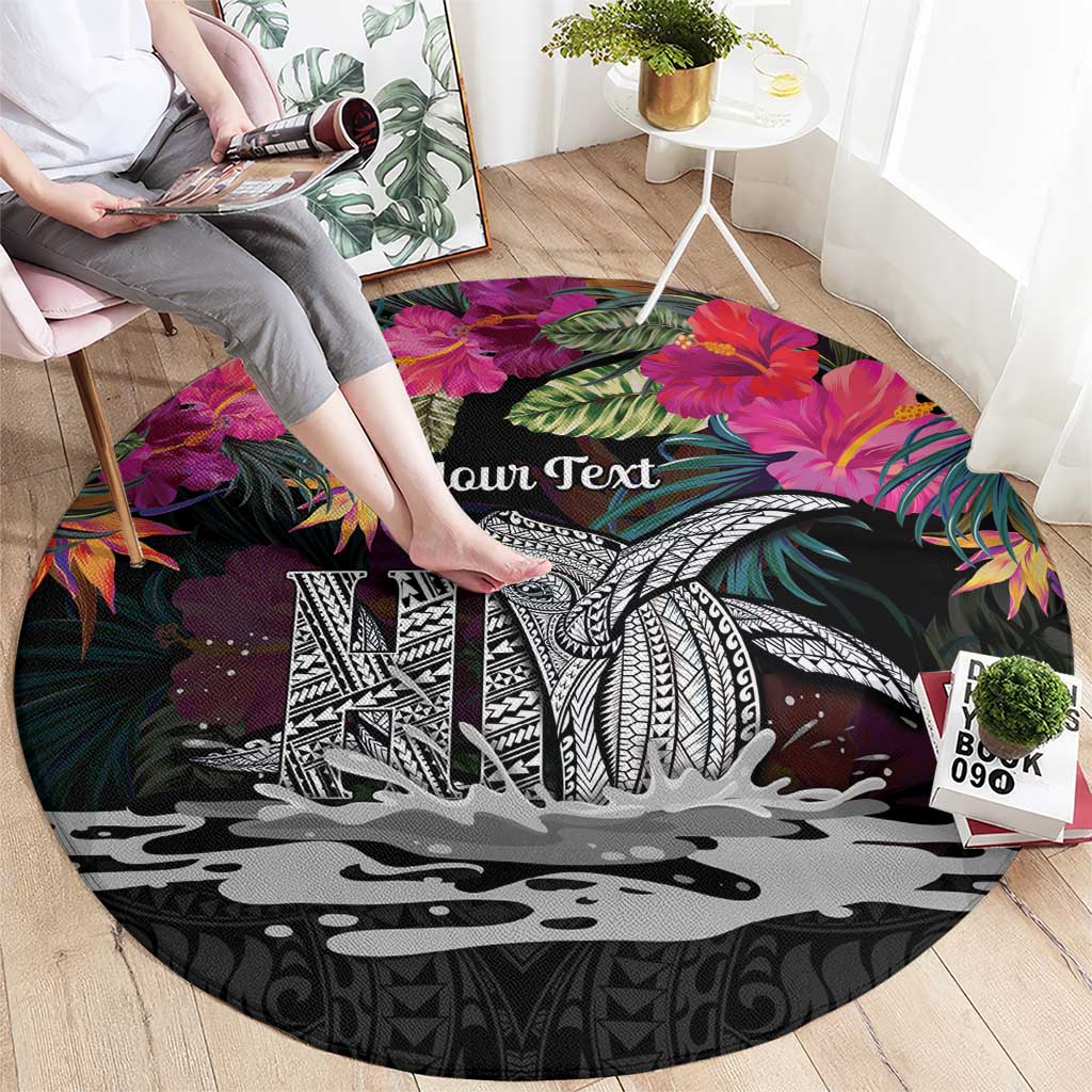 Personalised Hawaii Round Carpet Humpback Whale Tattoo With Tropical Flowers Black